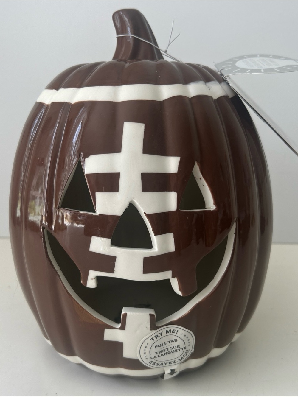 Brown Football Ceramic Jack-O'-Lantern Accent with White Trim Light Up 10” NEW